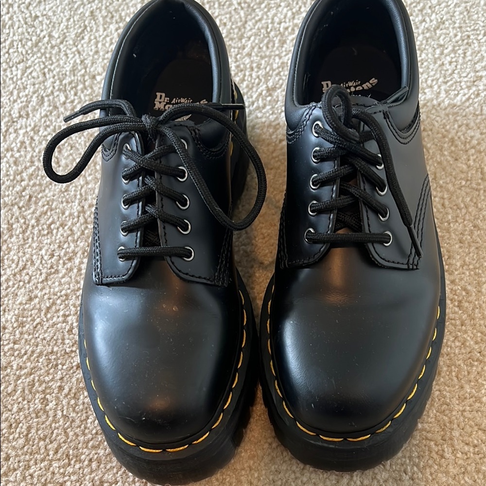Dr. Martens Black Leather Oxfords with Yellow Stitching